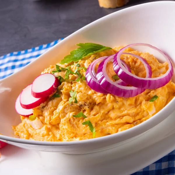 The perfect Bavarian obazda with radishes and onions — Stock Photo, Image