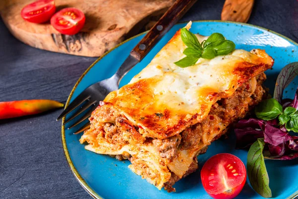 Lasanha picante com molho de tomate e manjericão — Fotografia de Stock