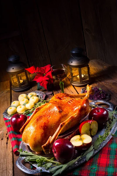 Roast duck with potato dumplings and plums — Stock Photo, Image