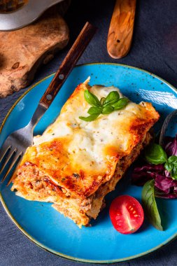 Domates soslu ve fesleğenli baharatlı lazanya.