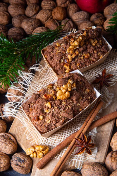 Delicious apple chocolate cake with hazelnuts — Stock Photo, Image