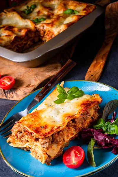 Lasaña picante con salsa de tomate y albahaca —  Fotos de Stock