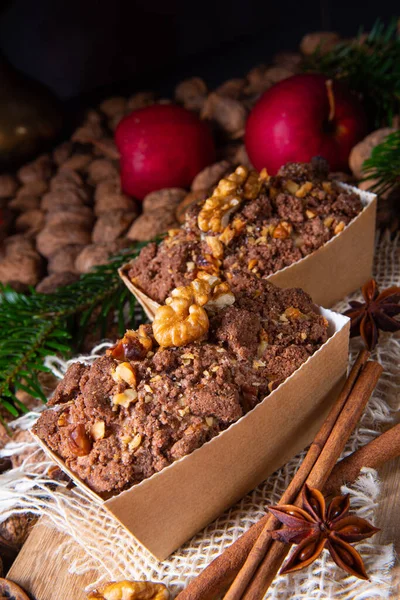 Delicious apple chocolate cake with hazelnuts — Stock Photo, Image