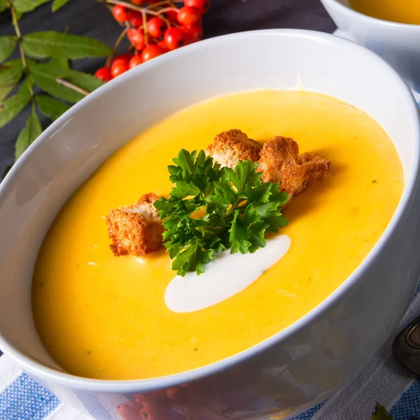 Delicious pumpkin soup with croutons and coconut milk — Stock Photo, Image