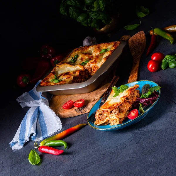 Lasaña picante con salsa de tomate y albahaca —  Fotos de Stock