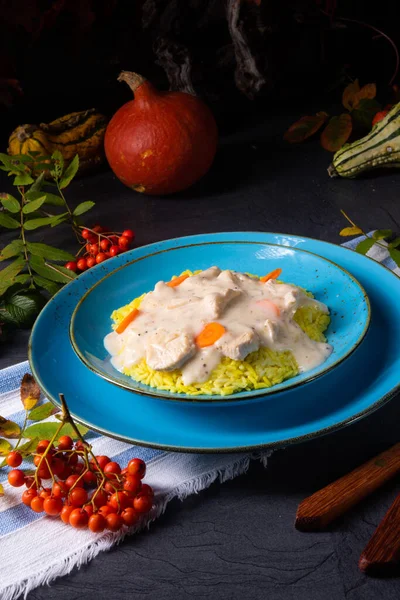 Riso al curry autunnale con petto di pollo con salsa — Foto Stock