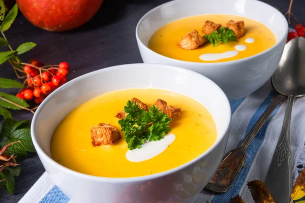 Sopa de abóbora deliciosa com croutons e leite de coco — Fotografia de Stock