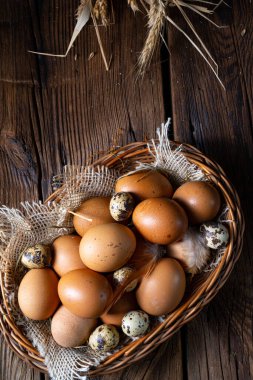 Çiftlikten taze yumurtalar. Sepette.