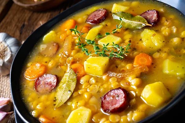 Rustic pea soup with bacon and sausages — Stock Image Rustic Pea Soup Bacon Sausages Stock Image