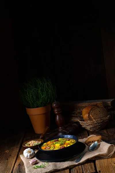 Rustic pea soup with bacon and sausages — Stock Image Rustic Pea Soup Bacon Sausages Royalty Free Stock Photos
