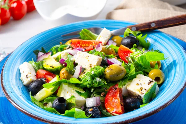 Rustik Grekisk Sallad Med Fårost — Stockfoto