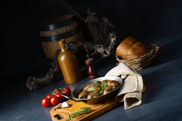 Salchicha Blanca Casera Frita Con Cebolla Hierbas —  Fotos de Stock