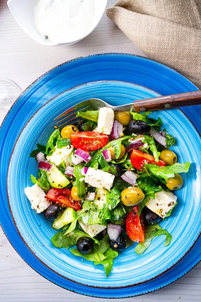 Rustik Grekisk Sallad Med Fårost — Stockfoto