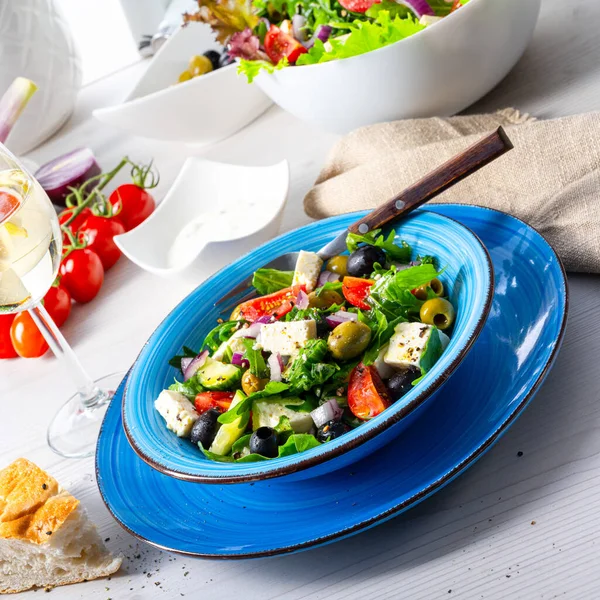 Rustik Grekisk Sallad Med Fårost — Stockfoto