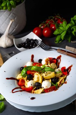 Mozzarella soslu rustik tortellini makarna salatası.