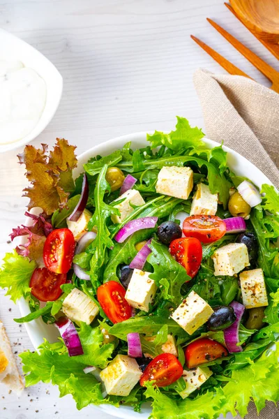 Ensalada Griega Con Queso Oveja Delicioso Clásico —  Fotos de Stock