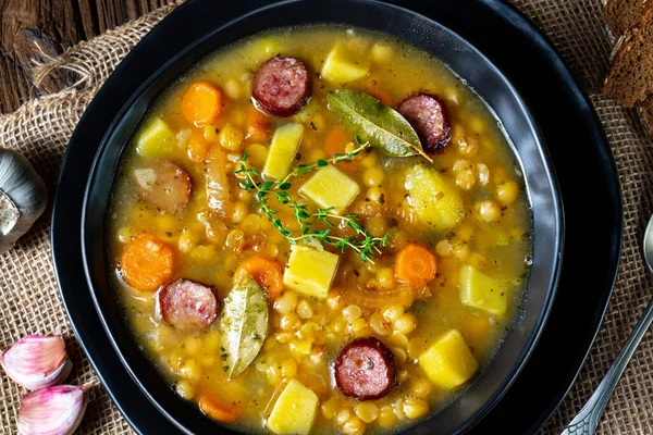 Soupe Pois Rustique Avec Bacon Saucisses — Photo