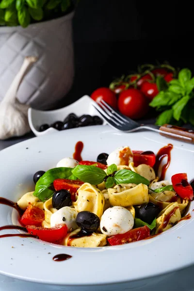 Mozzarella soslu rustik tortellini makarna salatası.
