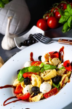 Mozzarella soslu rustik tortellini makarna salatası.