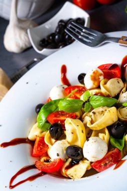 Mozzarella soslu rustik tortellini makarna salatası.