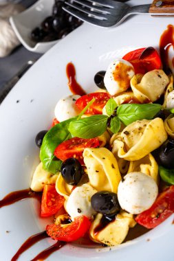 Mozzarella soslu rustik tortellini makarna salatası.
