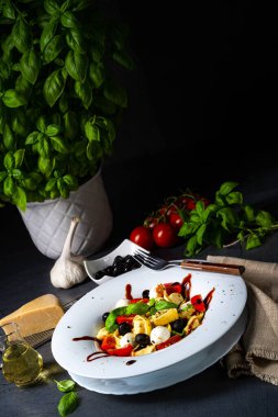 Mozzarella soslu rustik tortellini makarna salatası.