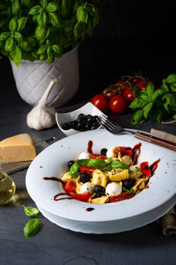 Mozzarella soslu rustik tortellini makarna salatası.