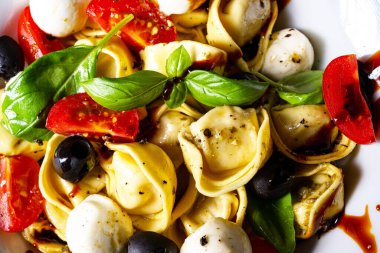 Mozzarella soslu rustik tortellini makarna salatası.