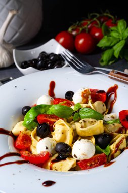 Mozzarella soslu rustik tortellini makarna salatası.