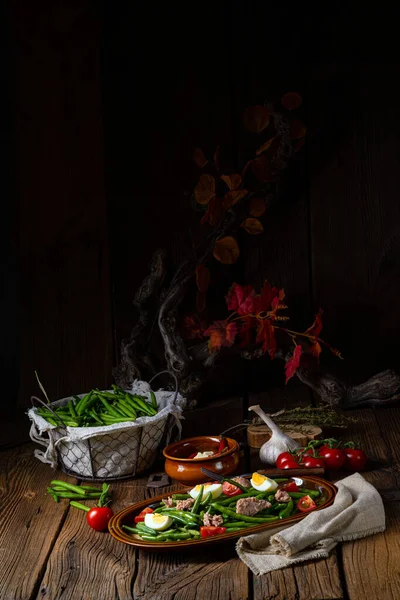 Rustikaler Grüner Bohnensalat Mit Und Thunfisch — Stockfoto