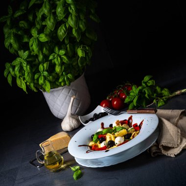 Mozzarella soslu rustik tortellini makarna salatası.