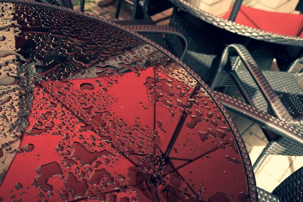 Glass Table Summer Cafe Water Drops Reflection Red Umbrella Next — Stock Photo, Image