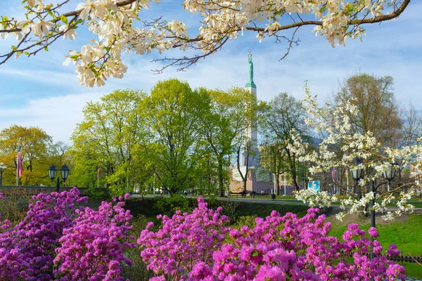 Monumento alla Libertà Nazionale nel centro di Riga in primavera — Foto Stock