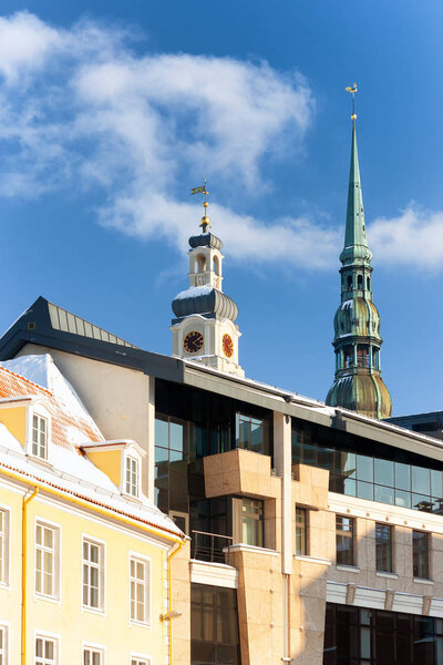 The spiers of the Town Hall and Peters Cathedral in Riga