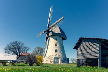 Baharda Letonya 'nın yeşil bir tepesinde kanatları olan antik değirmen. Değirmenin yanında leylek yuvası var. Gauja Ulusal Parkı. Letonya