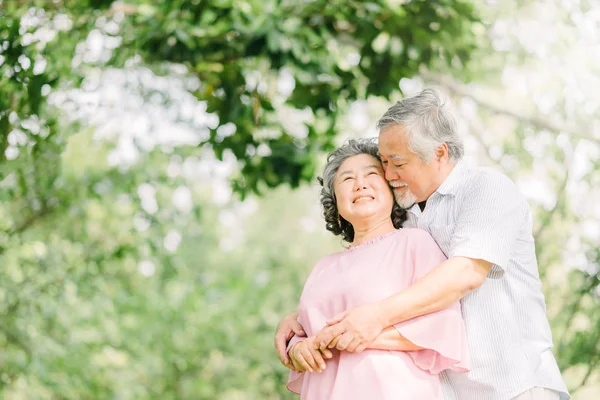 Feliz Pareja Ancianos Asiáticos Pasar Buen Rato Sonríen Mientras Abrazan —  Fotos de Stock