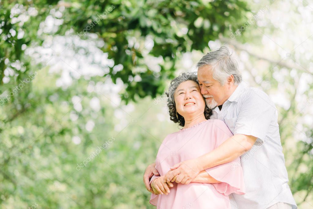 Happy Asian senior couple having a good time. They smiling while holding each other outdoor in the park.