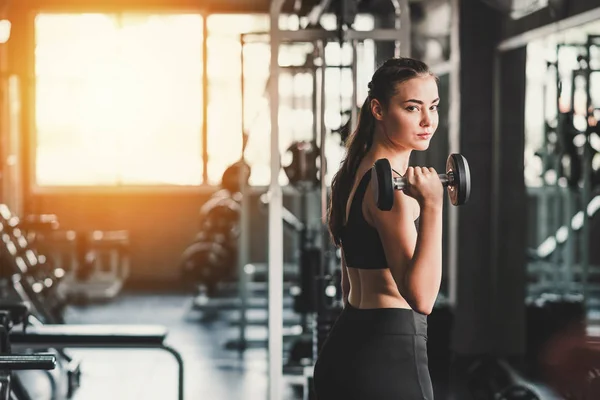 Beautiful Young Healthy Caucasian Woman Holding Dumbbell Gym Fitness Workout — Stock Photo, Image