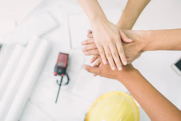 Top View Architect Engineer Join Hand Together Working Table Blueprint — Stock Photo, Image