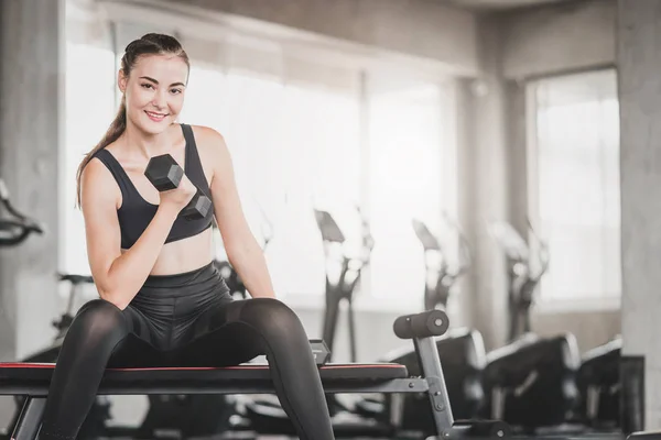 Beautiful Young Healthy Caucasian Woman Using Dumbbell Exercise Gym Fitness — Stock Photo, Image
