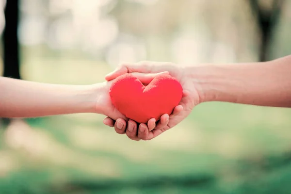 Zbliżenie Ręce Dać Trzymać Czerwone Serce Koncepcja Dzielenia Się Darowizn — Zdjęcie stockowe