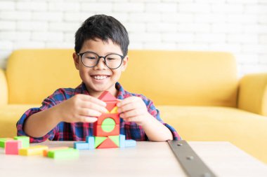  Asyalı çocuk renkli yapı taşı oynuyor