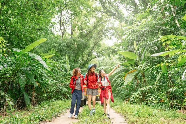 Três mulher asiática caminhadas na floresta de férias — Fotografia de Stock