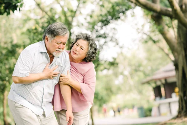 Yaşlı Asyalı adam göğsünü tutuyor ve kalp krizinden dolayı acı çekiyor. Karısı ise parkta ona destek oluyor ve yardım ediyor.
