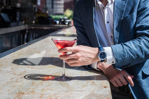 Elegant Man Drinking Cocktails Bar Counter Waiting Date Girl — Stock Photo, Image