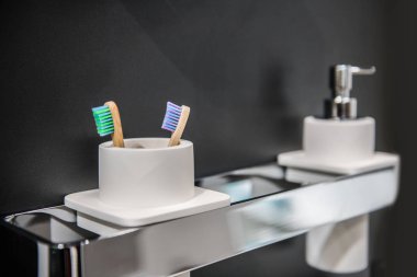 Diş fırçası tutucu ve sıvı sabun kutusunda banyo duvar