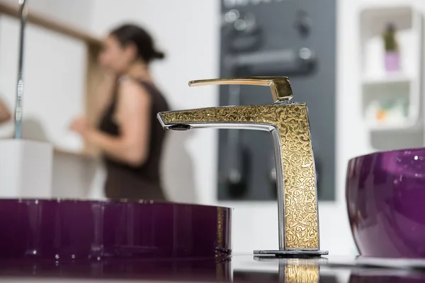 Bathroom Detail New Luxury Home Sink Golden Faucet Partial View — Stock Photo, Image