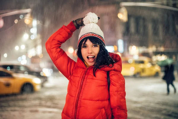 Happy Exited Woman Having Fun City Street New York Snow — Stock Photo, Image