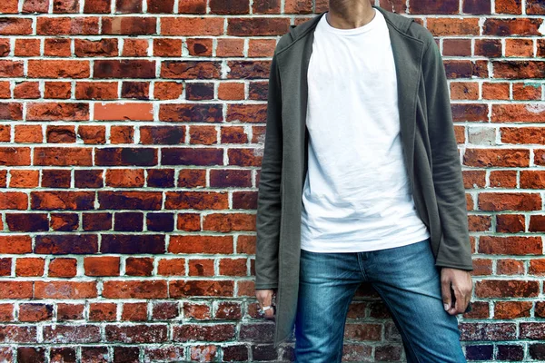 Fashionable Man Wearing Modern Stylish Casual Outfit Grey Hoodie Blue — Stock Photo, Image