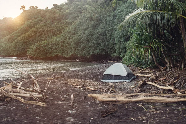 Tourist camping tent on wild ocean beach on tropial island